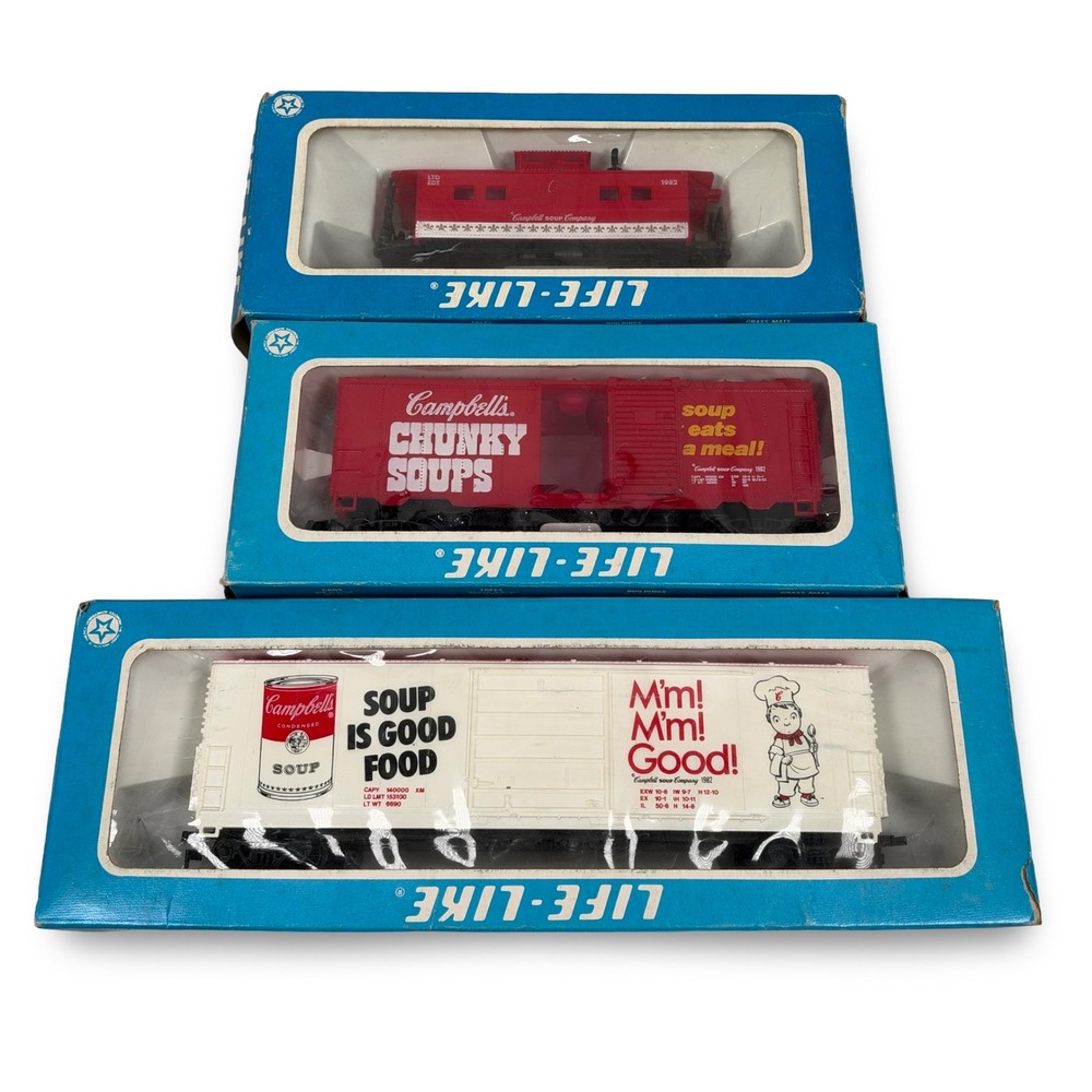 Life-Like HO Scale Campbells Soup Train Set 3pc Caboose Box Car Refrigerator 82
